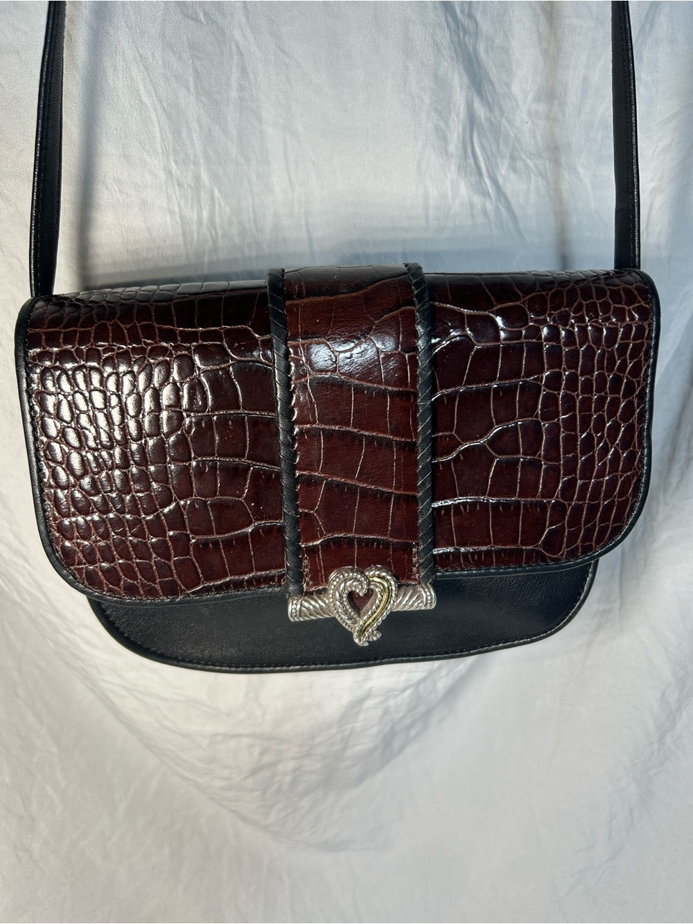Vintage Brighton One World Croc-Brown/Black Leather Crossbody with Heart Clasp